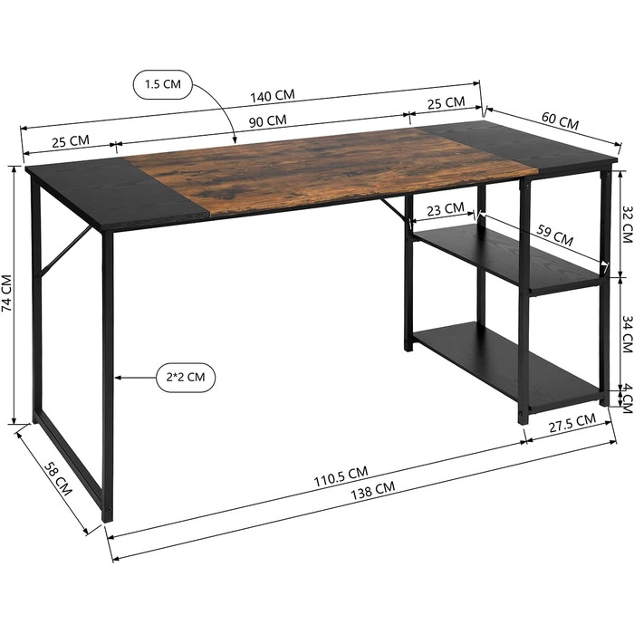 Письмовий стіл з полицею FurnitureR 120x60x74 см, дерев'яний та металевий, для дому, офісу, вітальні в індустріальному стилі, чорно-коричневий