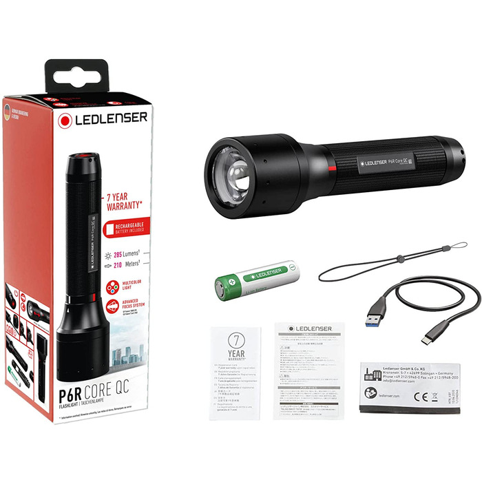 Ліхтарик Ledlenser P6R Core QC, мультиколірний LED (білий, червоний, зелений, синій), акумуляторний, 270 лм, 335 м, для полювання, риболовлі, аутдору