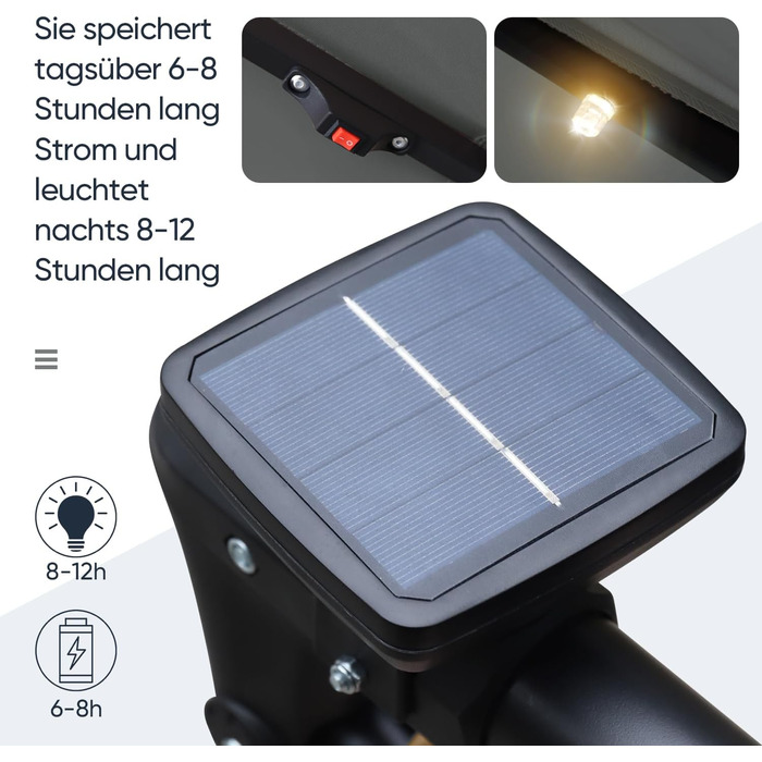 Сонячна парасоля Sekey LED 300 см з підсвіткою, сонцезахисна UV50+, стабільна, для саду, темно-сіра, на сонячній батареї