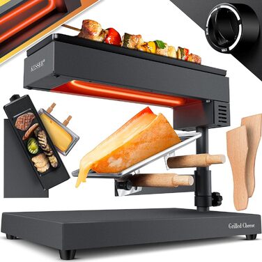 Раклетниця-гриль KESSER 2в1, електрична, 600 Вт, регульована висота, з антипригарною поверхнею та 2 дерев'яними лопатками, чорна