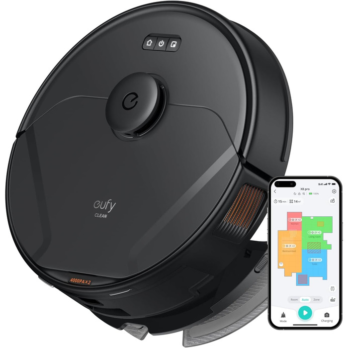 Робот-пилосос eufy X8 Pro з функцією вологого прибирання, Twin-Turbine 2×4000Па, щітка проти заплутування, лазерна навігація iPath, для глибокого очищення шерсті тварин з килимів і твердих підлог