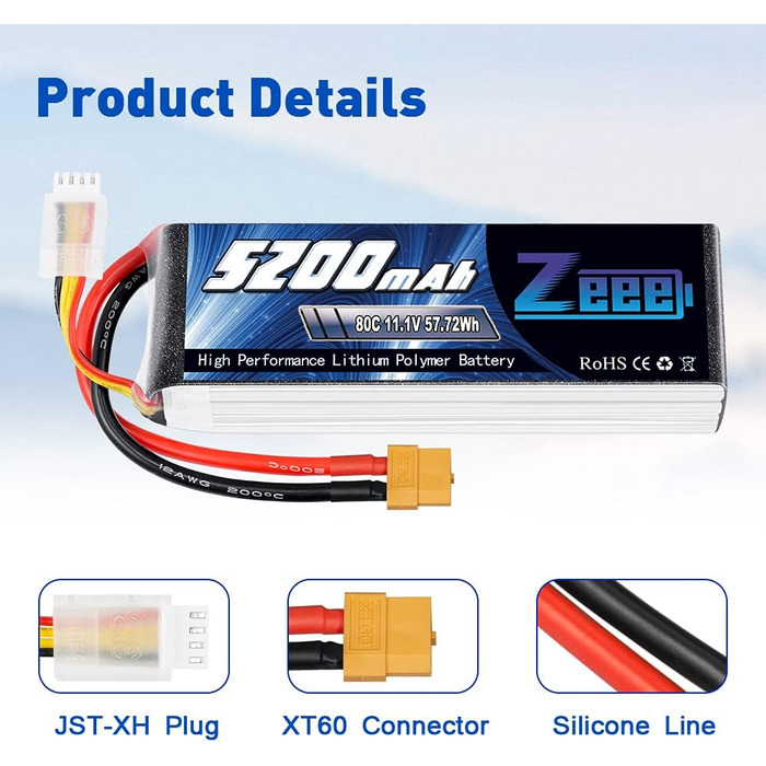 Акумулятор Zeee 3S LiPo 5200mAh 11.1V 80C з роз'ємом XT60 для RC моделей (набір 2 шт.)