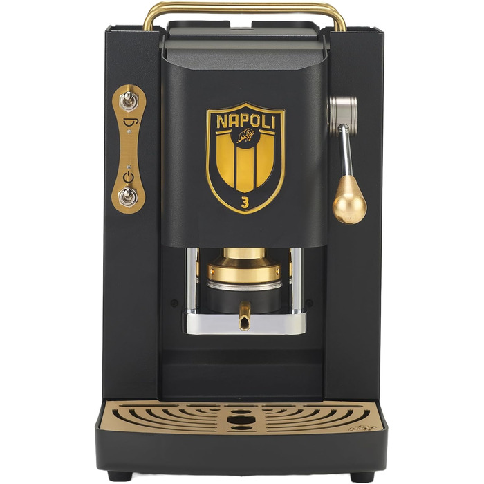 Кавова машина FABER Pro Deluxe Scudetto для ESE-подушок 44 мм, матова чорна з латунною обробкою, прес для таблеток з латуні, чорний логотип Napoli Campione
