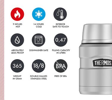 Термос для їжі Thermos Stainless King 470 мл з ложкою, нержавіюча сталь, тримає тепло 9 годин/холод 14 годин, герметичний контейнер для супу, каші, страв