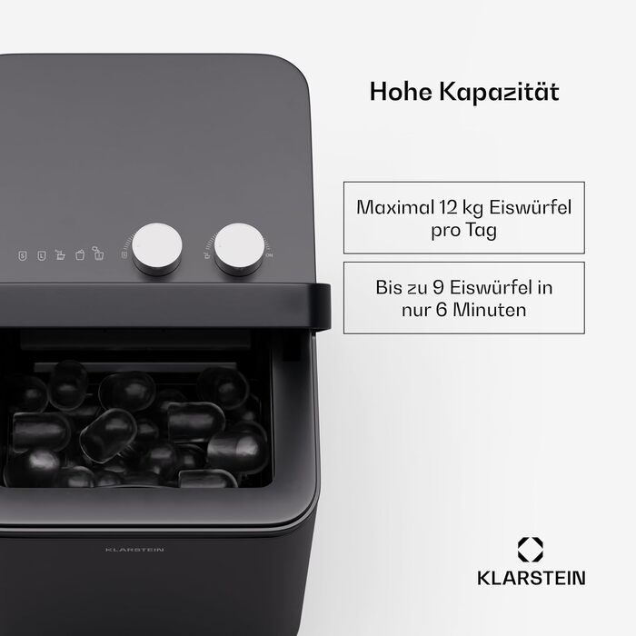 Льодогенератор Klarstein IceCraft 12 кг/24 год, швидке виробництво льоду (6 хв), 2 розміри, автоочищення, для кухні та бару, 150 Вт, чорний