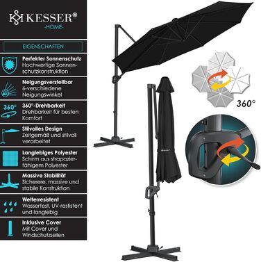 Сонячна парасоля KESSER® XL 330 см, кругла, з чохлом, вітрозахистом, 7-позиційне регулювання, нахил, обертання 360°, з ручкою, UV50+, чорна для саду