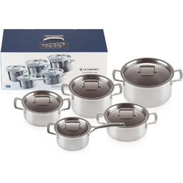 Набір каструль Le Creuset з 3-шарової нержавіючої сталі, 5 предметів, з кришками, для всіх типів плит, включаючи індукцію, сріблястий