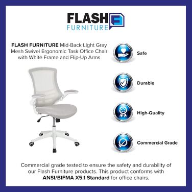 Ергономічне офісне крісло Flash Furniture, сітка, середньої висоти, з відкидними підлокітниками, світло-сіра сітка/білий каркас, 64.77x62.23x104.78 см