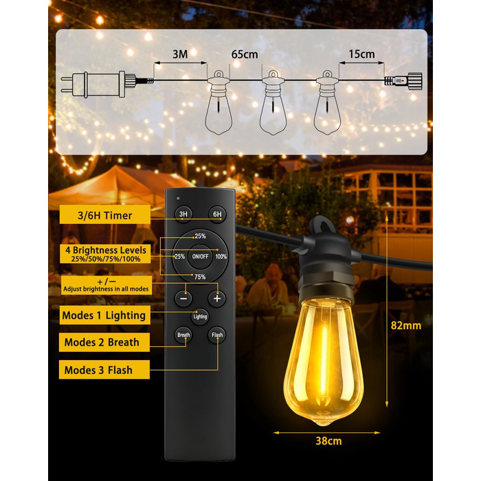 Гірлянда вулична LED Bowfar G40, 48 ламп, 10м, IP68, диммер, пульт, для саду, тераси, вечірки