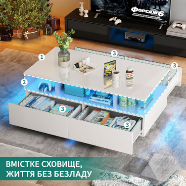 YITAHOME журнальний стіл білий, глянцевий з LED підсвіткою 16 кольорів, сучасний столик у вітальню з відкритою полицею та 4 висувними шухлядами, 90x55x41,1 см