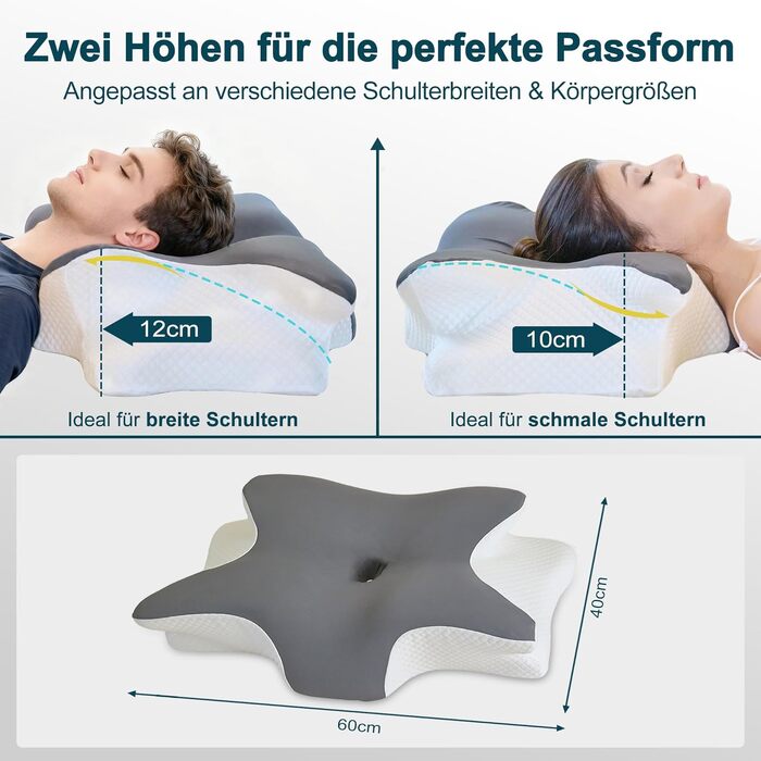 Ортопедична подушка для шиї з піни Memory Foam – підтримка шийного відділу хребта, ергономічна подушка-метелик для сну на боку та спині. При болях у шиї, регульована висота, знімний чохол.