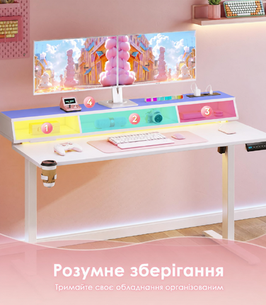 Офісний стіл для геймінгу OffiGo, 140 см, регульована висота, RGB LED, розетки, 3 полиці, тримач для напоїв та навушників, поверхня з карбону, білий колір