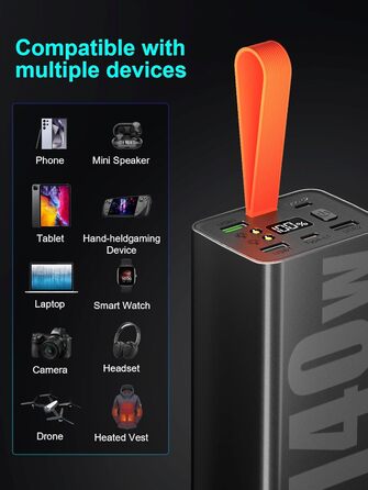 Портативний акумулятор 140W 70000mAh з 5 виходами USB-C, PD3.1, QC4.0, LED дисплеєм та ліхтариком. Чорний. Для ноутбука, телефону, планшета. Ідеально для подорожей, кемпінгу та активного відпочинку на природі.
