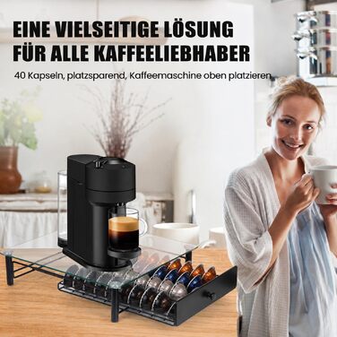 Тримач для капсул Nespresso Vertuo з загартованого скла, органайзер для зберігання 40 капсул VertuoLine (Next & Plus), протиковзаюча шухляда, чорний
