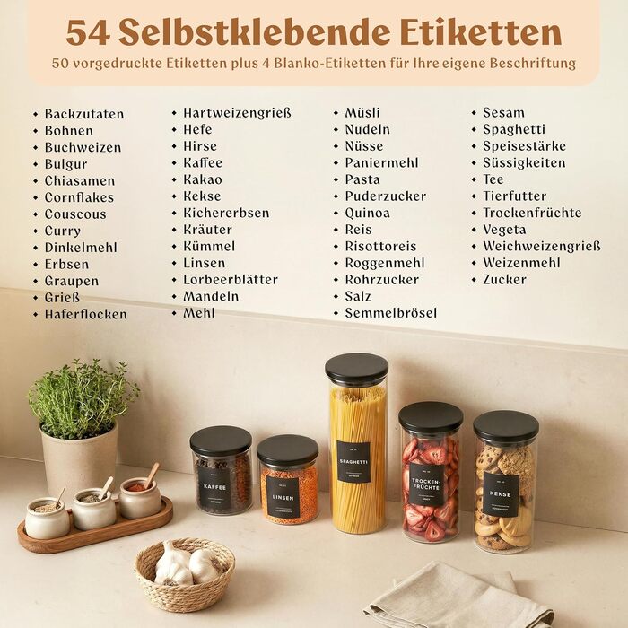 Набір скляних контейнерів для продуктів EDELHAUS з чорними кришками (5 шт.), органайзер для кухні з 54 етикетками для борошна, цукру, кави та чаю (2000мл, 1400мл, 650мл)