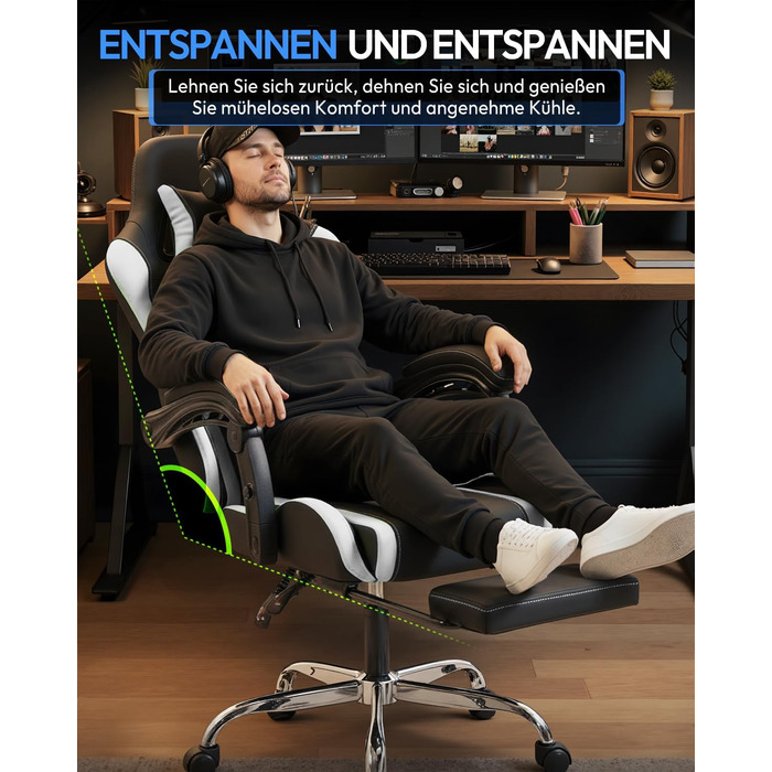 Ігрове крісло Dowinx Ergonomic Gaming Chair з підставкою для ніг, біле, витримує до 150 кг, з регульованими підлокітниками для ПК та офісу