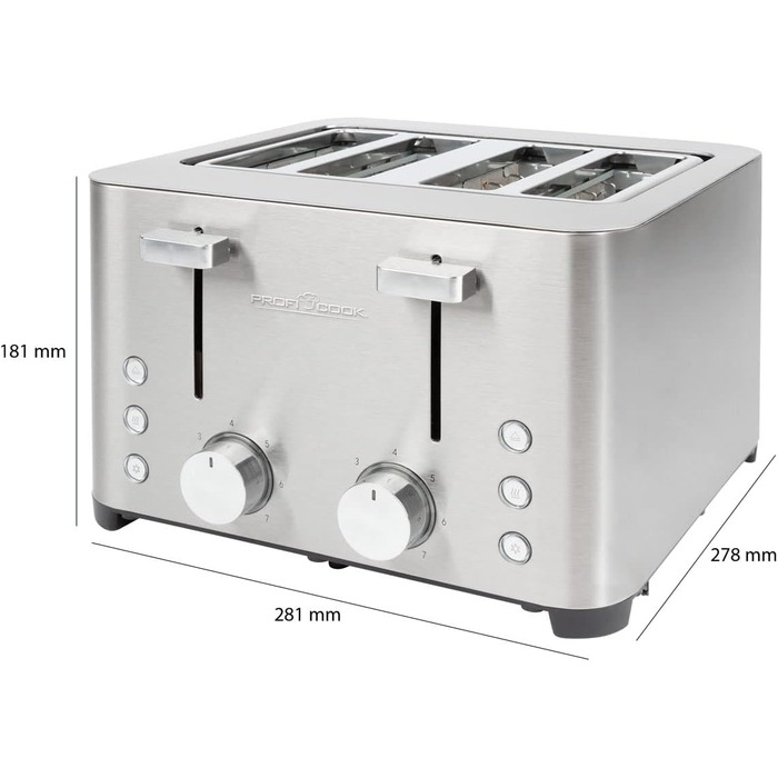 Тостер ProfiCook 4-слотовий, нержавіюча сталь, 1500 Вт, широкий слот, підставка для булочок, 7 режимів підсмажування, зйомна крихтова підставка, PC-TA 1252