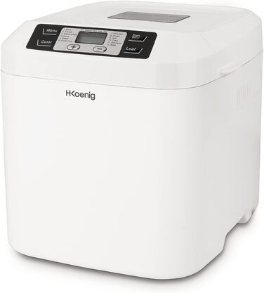 Хлібопіч H.Koenig BAKE320, 12 програм, 2 розміри хліба, безглютенова програма, таймер, підтримка тепла, LCD-дисплей, 550 Вт, біла