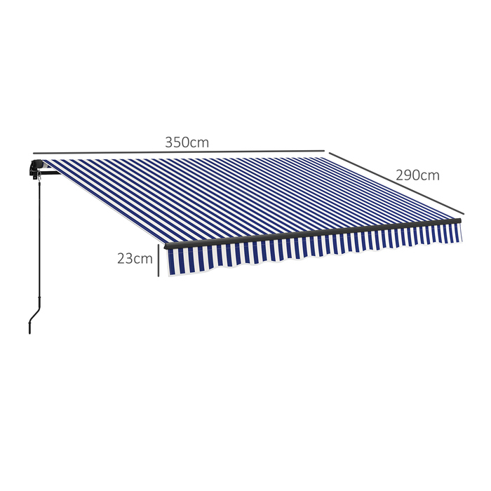 Тент Outsunny Folding Arm з ручною рукояткою, 350 x 300 см, UV30+ Сонцезахисний тент Патіо маркіза з кутом 45-85°, Балконні маркізи з водонепроникним покриттям, Настінне кріплення, Синій+Білий