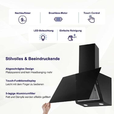 Витяжка кухонна SNDOAS 60 см, потужність 550 м³/год, режим відводу та рециркуляції з вугільним фільтром, клас енергоефективності A++, чорна