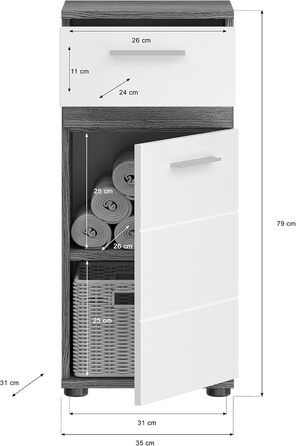 Комод для ванної Newroom, білий глянцевий, сріблясто-сірий, сучасний, 35x79x31 см, шафа-пенал, меблі для ванної, Pelia.one V1