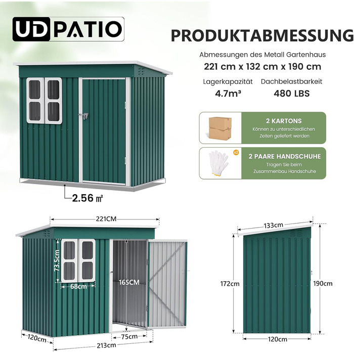 Металевий садовий будинок UDPATIO 222x132x190 см з вікном, дверима та вентиляцією, зелений. Гараж для велосипедів, сарай для інструментів, водонепроникний