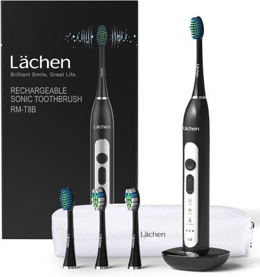 Електрична зубна щітка Lächen Sonic RM-T8B з 4 насадками, таймером, 3 режимами та 3 рівнями вібрації, у комплекті з чохлом для подорожей, колір: білий (чорний)