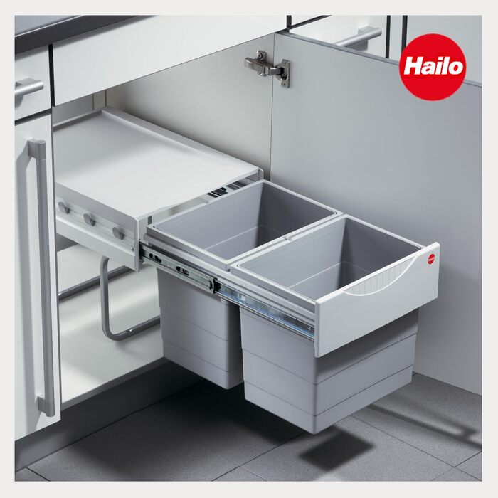 Контейнер для сміття Hailo 3641500 Raumspar-Tandem 2x18 л, для шаф від 40 см, роздільне сортування, монтаж на підлогу, пластик світло-сірий