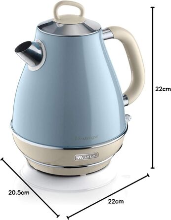 Електричний чайник Ariete Vintage 2869, 1.7 л, блакитний, з нержавіючої сталі, з підсвічуванням рівня води, бездротовий, з автоматичним відключенням, з ситом для чаю, 2000 Вт