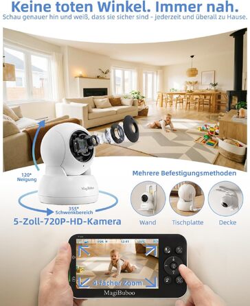 Відеоняня з камерою та 5-дюймовим HD IPS дисплеєм, нічним баченням IR, акумулятором 5200 мАг, двостороннім аудіо та датчиком плачу (без WLAN)