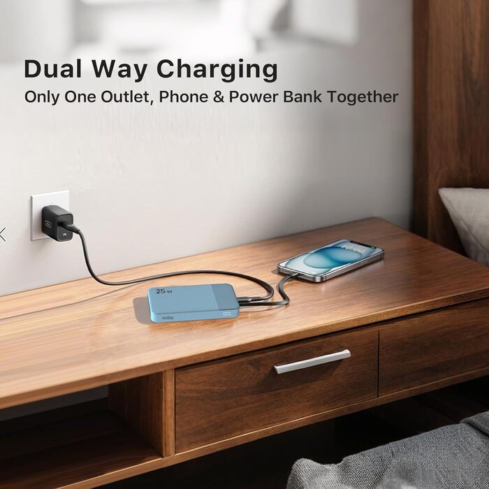 Power Bank NOBIS 10000mAh з цифровим дисплеєм, USB-C, швидка зарядка PD/QC, 25W, блакитний