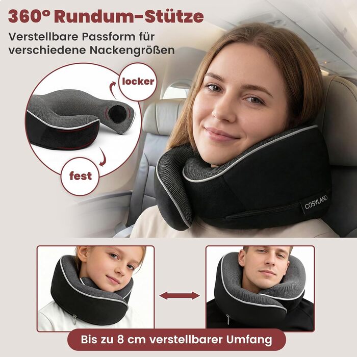 Подорожня подушка для шиї COSYLAND з ефектом пам'яті (Memory Foam) для літака та авто, ергономічна підставка 360°, чорна (набір: маска для сну, беруші, чохол)