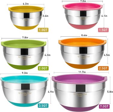 Чаші для змішування Umite Chef 6 шт із герметичними кришками 7/3,5/2,5/2/1,5/1 QT