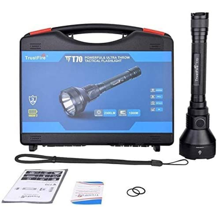 Ліхтарик TrustFire T70 LED, 2300 люмен, акумуляторний, тактичний, надяскравий, 1000 м, IPX8, 5 режимів, для полювання, кемпінгу, надзвичайних ситуацій, чорний