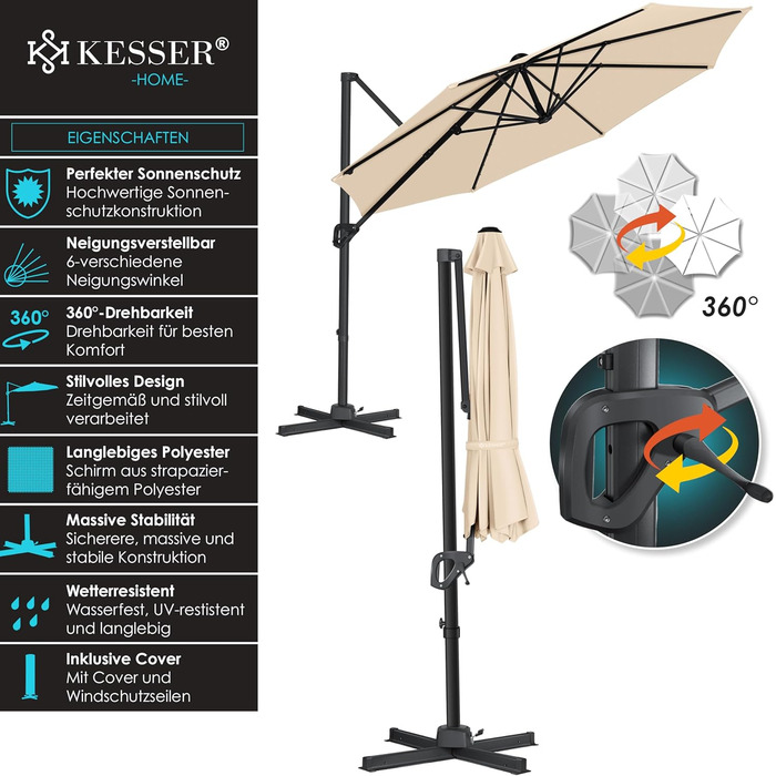 Парасолька для саду KESSER SUN XL 330 см, кругла, беж, з чохлом, 7-позиційна, нахил, 360° обертання, з вітрозахистом, ручка, UV50+