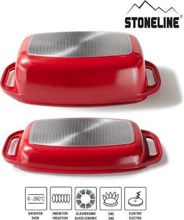 Журавлик (гусятниця) STONELINE з кришкою 8,4 л, антипригарне покриття з частинками каменю, для індукції та духовки (Червоний, 40x22 см)