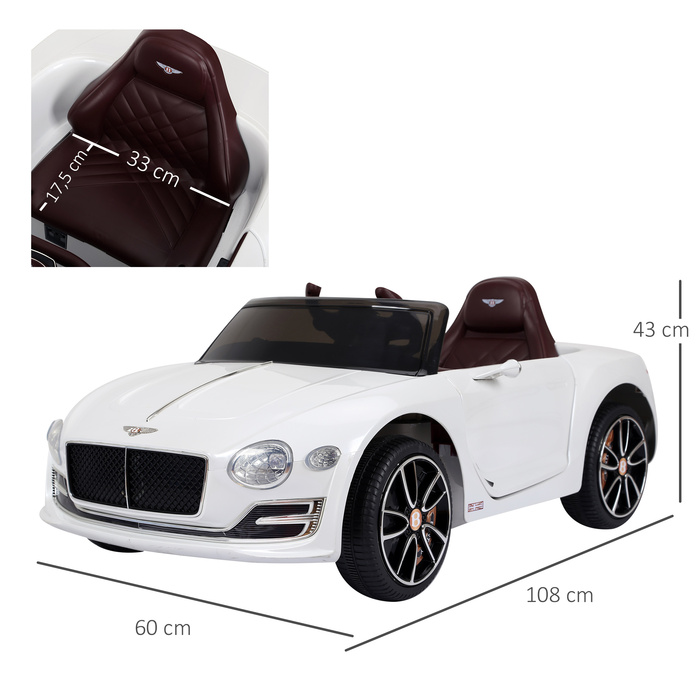 Дитячий електромобіль Bentley GT ліцензійна модель з пультом дистанційного керування, 2 x 390 двигуни, білий колір, розміри 108 x 60 x 43 см