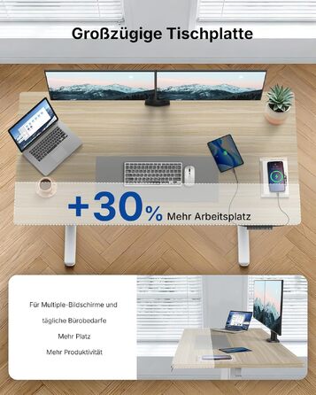 Регульований стіл HUANUO 160x80 см з USB-C/A зарядкою, висота 72-118 см, 4 режими пам'яті, кабель-менеджмент, колір світло-вінтажний дерево