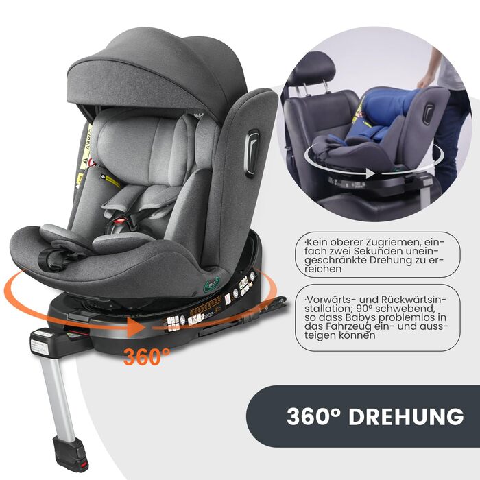Дитяче автокрісло Jovikids 360° з ISOFIX, i-Size 40-150 см, для дітей від народження до 12 років, реверсивне, з функцією лежання, знімним козирком, сертифікат ECE R129, темно-сіре