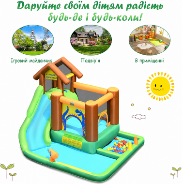 Надувний водний ігровий центр з гіркою COSTWAY 368x303x230 см – батут, басейн, водна гірка, водний парк для дітей