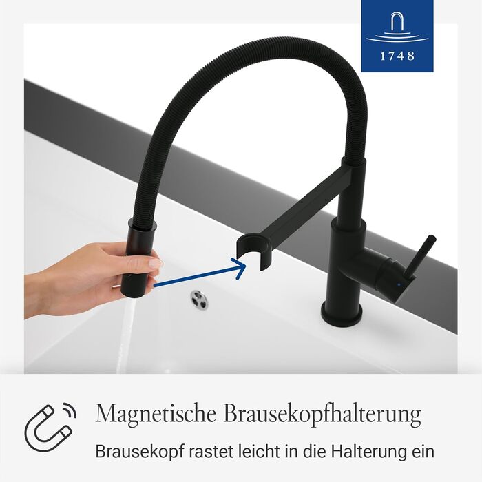 Змішувач кухонний Villeroy & Boch Steel Expert Compact, чорний матовий, з висувним гусаком та перемикачем, висота 143мм
