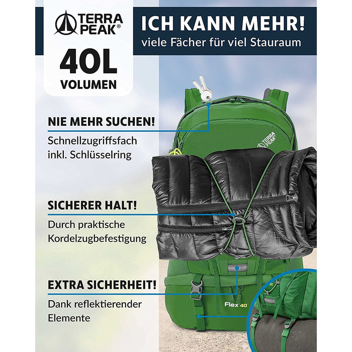 Туристичний рюкзак Terra Peak Flex 40 Premium 40 л, з вентиляцією спини, дощовиком, тримачем для питної системи, 3D Air Mesh, синій