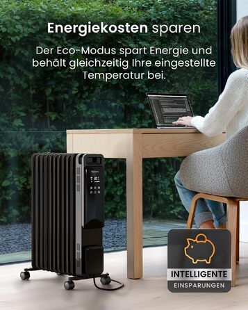 Розумний електричний масляний радіатор Pro Breeze 2500W, 11 секцій, з керуванням через Wi-Fi (Smart App), таймером на 24г, термостатом та сенсорним дисплеєм, чорний