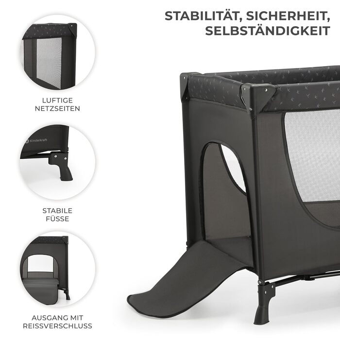 Дитяче ліжечко-манеж Kinderkraft JOY LIGHT, дорожнє, компактне, сіре, з сумкою, сучасний дизайн