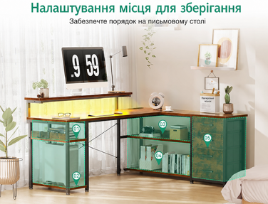Письмовий стіл ODK з ящиками, кутовий L-подібний стіл з розетками, USB, LED підсвіткою для домашнього офісу, 135×110 см, вінтажний коричневий
