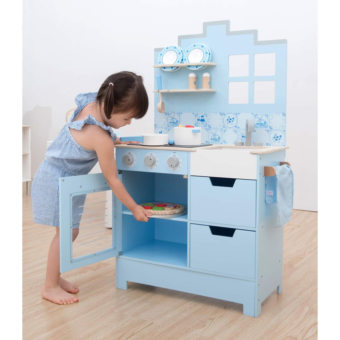 Дитяча дерев'яна кухня New Classic Toys Bon Appétit у стилі Делфтського фарфору, синя, рольова гра