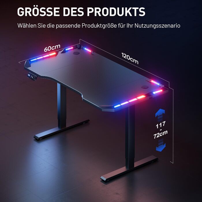 Електричний стіл для геймінгу HLONONE 120x60 см з LED, регульований по висоті, з карбоновою поверхнею та пам'яттю функцій, чорний