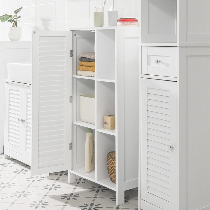 Шафа для ванної SoBuy BZR39-W з ламельними дверцятами, біла, 48x96x24 см – високий комод для зберігання, ванна кімната, меблі для ванної