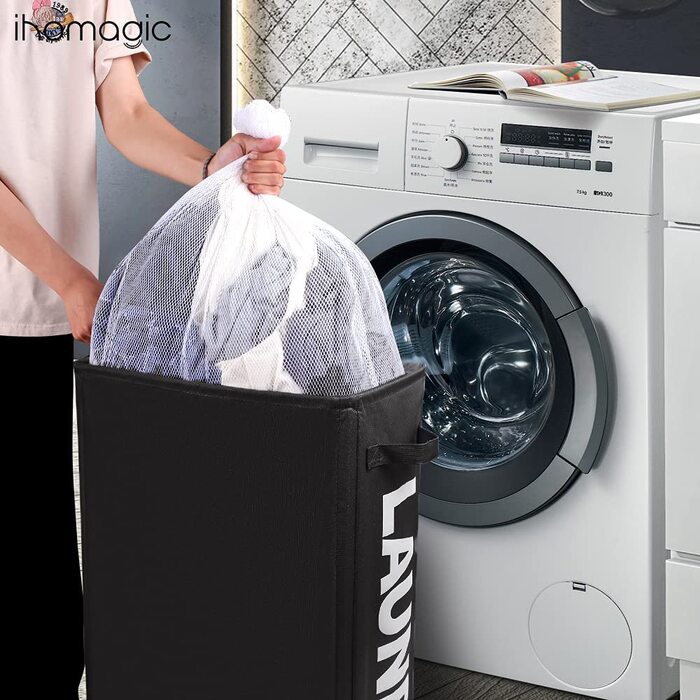IHOMAGIC Кошик для білизни 62 л з колесами, знімний мішок, складаний, з ручками, чорний – для брудної білизни, зберігання речей