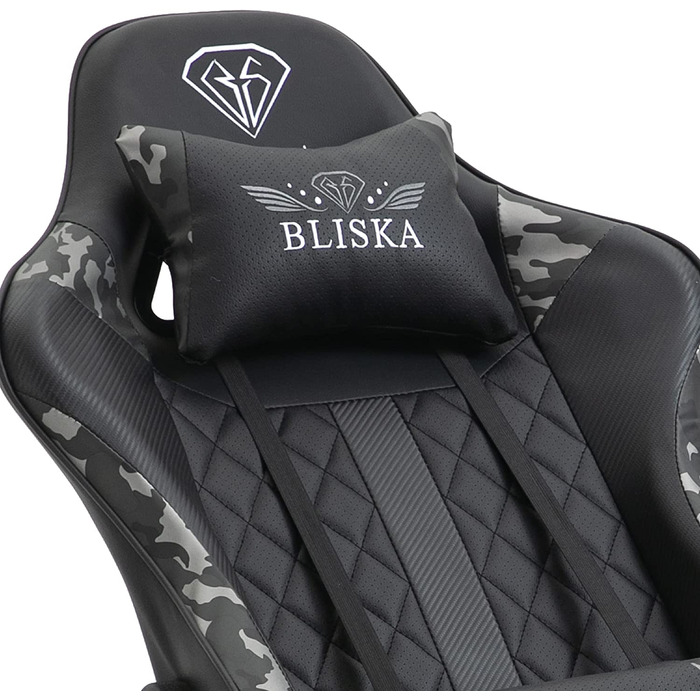 Ігрове крісло з підніжкою та ергономічними 4D-підлокітниками, у спортивному стилі, з регульованою спинкою і подушкою для підтримки спини, чорне/військово-сіре